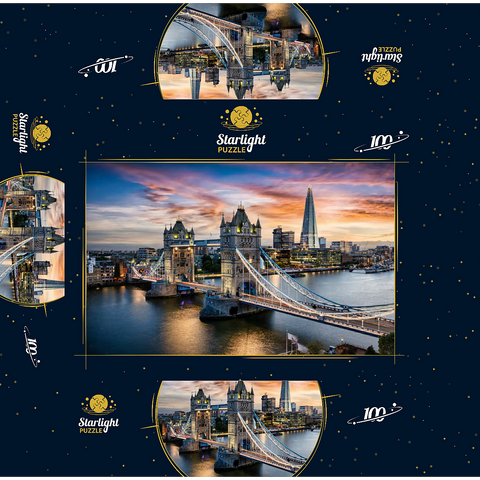 Aerial view to illuminated Tower Bridge and skyline of London, Great Britain, shortly after sunset 100 Jigsaw Puzzle box 3D Modell