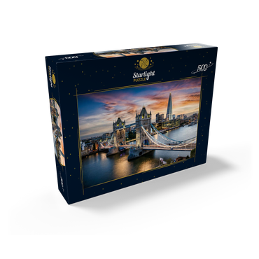 Aerial view to illuminated Tower Bridge and skyline of London, Great Britain, shortly after sunset 500 Jigsaw Puzzle box view1
