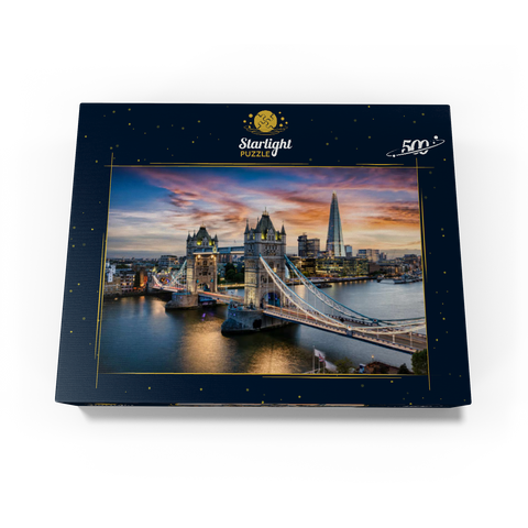 Aerial view to illuminated Tower Bridge and skyline of London, Great Britain, shortly after sunset 500 Jigsaw Puzzle box view1