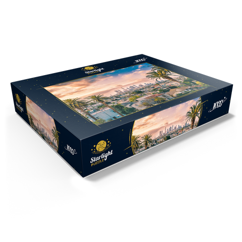 Beautiful sunset in downtown Los Angeles skyline and palm trees 1000 Jigsaw Puzzle box view1