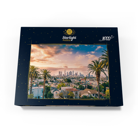 Beautiful sunset in downtown Los Angeles skyline and palm trees 1000 Jigsaw Puzzle box view1