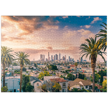 puzzleplate Beautiful sunset in downtown Los Angeles skyline and palm trees 1000 Jigsaw Puzzle