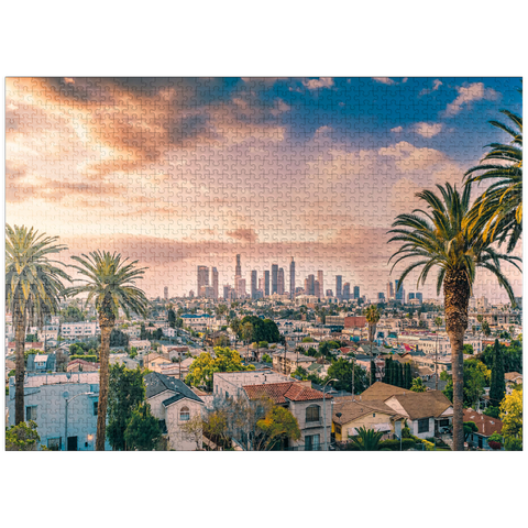 puzzleplate Beautiful sunset in downtown Los Angeles skyline and palm trees 1000 Jigsaw Puzzle
