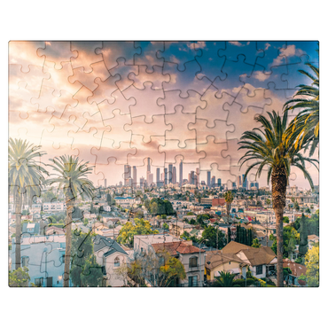 puzzleplate Beautiful sunset in downtown Los Angeles skyline and palm trees 100 Jigsaw Puzzle