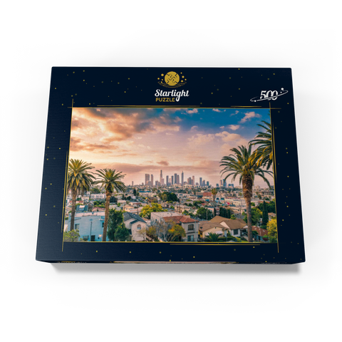 Beautiful sunset in downtown Los Angeles skyline and palm trees 500 Jigsaw Puzzle box view1