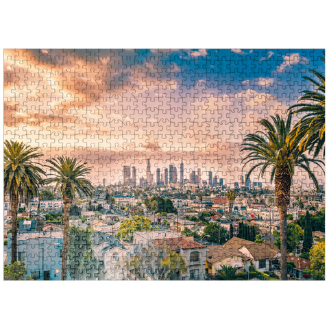 puzzleplate Beautiful sunset in downtown Los Angeles skyline and palm trees 500 Jigsaw Puzzle