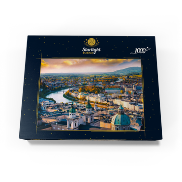 Beautiful panoramic view from the air in autumn season in a historic city of Salzburg with Salzach river in beautiful golden evening light and colorful autumn at sunset, Salzburger Land, Austria 1000 Jigsaw Puzzle box view1