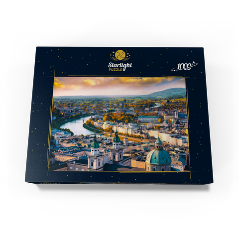 Beautiful panoramic view from the air in autumn season in a historic city of Salzburg with Salzach river in beautiful golden evening light and colorful autumn at sunset, Salzburger Land, Austria 1000 Jigsaw Puzzle box view1