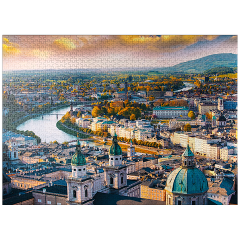 puzzleplate Beautiful panoramic view from the air in autumn season in a historic city of Salzburg with Salzach river in beautiful golden evening light and colorful autumn at sunset, Salzburger Land, Austria 1000 Jigsaw Puzzle