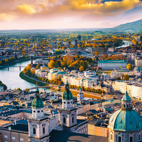 Beautiful panoramic view from the air in autumn season in a historic city of Salzburg with Salzach river in beautiful golden evening light and colorful autumn at sunset, Salzburger Land, Austria 1000 Jigsaw Puzzle 3D Modell