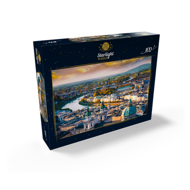 Beautiful panoramic view from the air in autumn season in a historic city of Salzburg with Salzach river in beautiful golden evening light and colorful autumn at sunset, Salzburger Land, Austria 100 Jigsaw Puzzle box view1