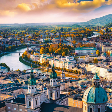 Beautiful panoramic view from the air in autumn season in a historic city of Salzburg with Salzach river in beautiful golden evening light and colorful autumn at sunset, Salzburger Land, Austria 100 Jigsaw Puzzle 3D Modell
