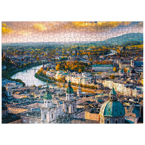 puzzleplate Beautiful panoramic view from the air in autumn season in a historic city of Salzburg with Salzach river in beautiful golden evening light and colorful autumn at sunset, Salzburger Land, Austria 500 Jigsaw Puzzle