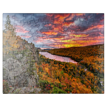 puzzleplate A fiery sunrise over Cloud Lake, Porcupine Mountains Sate Park, Michigan's top peninsula. 100 Jigsaw Puzzle