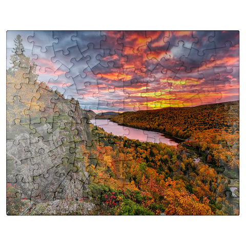 puzzleplate A fiery sunrise over Cloud Lake, Porcupine Mountains Sate Park, Michigan's top peninsula. 100 Jigsaw Puzzle