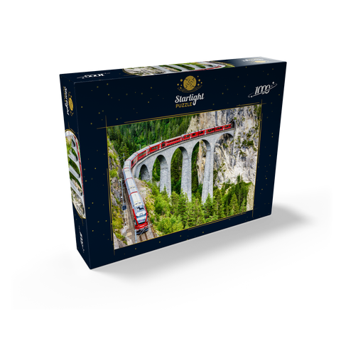 Bernina Express in Switzerland. red glacier train on Landwasser Viaduct in Swiss Alps. panoramic view of high railroad bridge in mountains, railroad landscape in summer. concept of travel and railroad road. 1000 Jigsaw Puzzle box view1