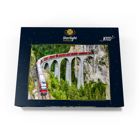 Bernina Express in Switzerland. red glacier train on Landwasser Viaduct in Swiss Alps. panoramic view of high railroad bridge in mountains, railroad landscape in summer. concept of travel and railroad road. 1000 Jigsaw Puzzle box view1