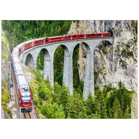 puzzleplate Bernina Express in Switzerland. red glacier train on Landwasser Viaduct in Swiss Alps. panoramic view of high railroad bridge in mountains, railroad landscape in summer. concept of travel and railroad road. 1000 Jigsaw Puzzle