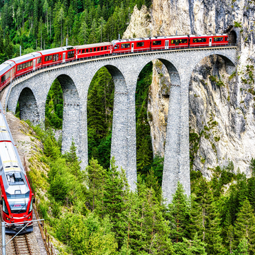 Bernina Express in Switzerland. red glacier train on Landwasser Viaduct in Swiss Alps. panoramic view of high railroad bridge in mountains, railroad landscape in summer. concept of travel and railroad road. 1000 Jigsaw Puzzle 3D Modell