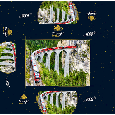 Bernina Express in Switzerland. red glacier train on Landwasser Viaduct in Swiss Alps. panoramic view of high railroad bridge in mountains, railroad landscape in summer. concept of travel and railroad road. 1000 Jigsaw Puzzle box 3D Modell