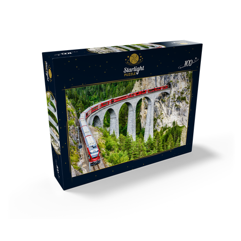 Bernina Express in Switzerland. red glacier train on Landwasser Viaduct in Swiss Alps. panoramic view of high railroad bridge in mountains, railroad landscape in summer. concept of travel and railroad road. 100 Jigsaw Puzzle box view1