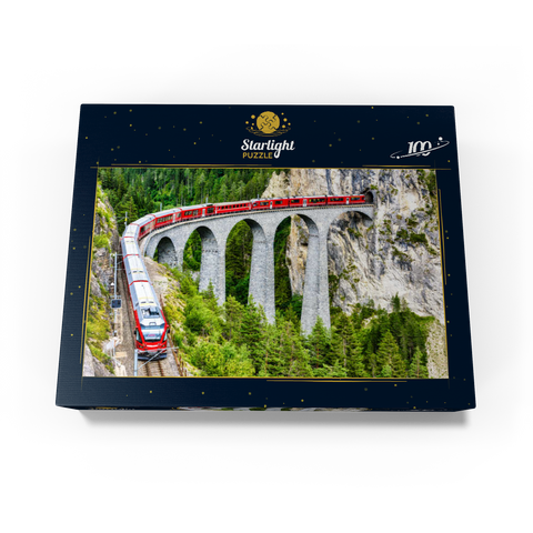 Bernina Express in Switzerland. red glacier train on Landwasser Viaduct in Swiss Alps. panoramic view of high railroad bridge in mountains, railroad landscape in summer. concept of travel and railroad road. 100 Jigsaw Puzzle box view1