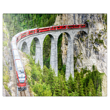 puzzleplate Bernina Express in Switzerland. red glacier train on Landwasser Viaduct in Swiss Alps. panoramic view of high railroad bridge in mountains, railroad landscape in summer. concept of travel and railroad road. 100 Jigsaw Puzzle