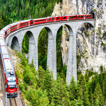 Bernina Express in Switzerland. red glacier train on Landwasser Viaduct in Swiss Alps. panoramic view of high railroad bridge in mountains, railroad landscape in summer. concept of travel and railroad road. 100 Jigsaw Puzzle 3D Modell