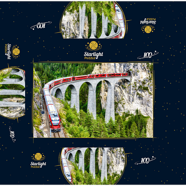 Bernina Express in Switzerland. red glacier train on Landwasser Viaduct in Swiss Alps. panoramic view of high railroad bridge in mountains, railroad landscape in summer. concept of travel and railroad road. 100 Jigsaw Puzzle box 3D Modell