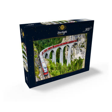 Bernina Express in Switzerland. red glacier train on Landwasser Viaduct in Swiss Alps. panoramic view of high railroad bridge in mountains, railroad landscape in summer. concept of travel and railroad road. 500 Jigsaw Puzzle box view1