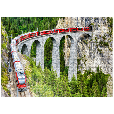 puzzleplate Bernina Express in Switzerland. red glacier train on Landwasser Viaduct in Swiss Alps. panoramic view of high railroad bridge in mountains, railroad landscape in summer. concept of travel and railroad road. 500 Jigsaw Puzzle