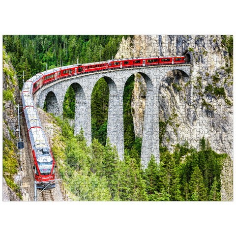 puzzleplate Bernina Express in Switzerland. red glacier train on Landwasser Viaduct in Swiss Alps. panoramic view of high railroad bridge in mountains, railroad landscape in summer. concept of travel and railroad road. 500 Jigsaw Puzzle
