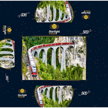 Bernina Express in Switzerland. red glacier train on Landwasser Viaduct in Swiss Alps. panoramic view of high railroad bridge in mountains, railroad landscape in summer. concept of travel and railroad road. 500 Jigsaw Puzzle box 3D Modell