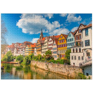 puzzleplate Tübingen in Stuttgart, Germany Colored house on the river bank and blue sky. Beautiful old city in Europe. People sitting on the wall. Boats made of wood attached to the dock. 1000 Jigsaw Puzzle