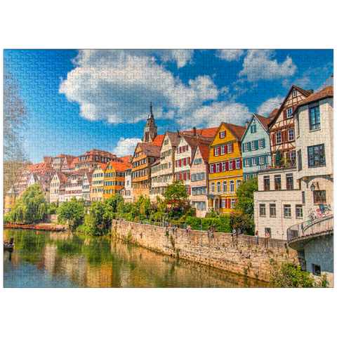 puzzleplate Tübingen in Stuttgart, Germany Colored house on the river bank and blue sky. Beautiful old city in Europe. People sitting on the wall. Boats made of wood attached to the dock. 1000 Jigsaw Puzzle