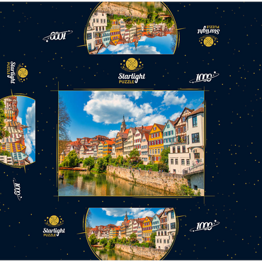 Tübingen in Stuttgart, Germany Colored house on the river bank and blue sky. Beautiful old city in Europe. People sitting on the wall. Boats made of wood attached to the dock. 1000 Jigsaw Puzzle box 3D Modell