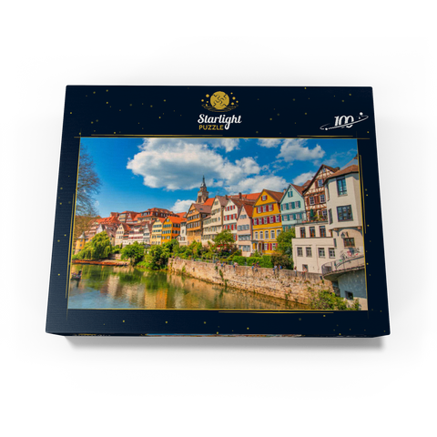Tübingen in Stuttgart, Germany Colored house on the river bank and blue sky. Beautiful old city in Europe. People sitting on the wall. Boats made of wood attached to the dock. 100 Jigsaw Puzzle box view1