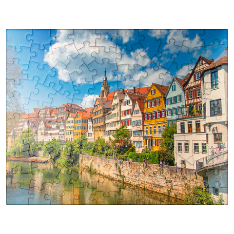 puzzleplate Tübingen in Stuttgart, Germany Colored house on the river bank and blue sky. Beautiful old city in Europe. People sitting on the wall. Boats made of wood attached to the dock. 100 Jigsaw Puzzle