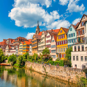 Tübingen in Stuttgart, Germany Colored house on the river bank and blue sky. Beautiful old city in Europe. People sitting on the wall. Boats made of wood attached to the dock. 100 Jigsaw Puzzle 3D Modell