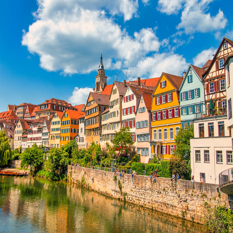 Tübingen in Stuttgart, Germany Colored house on the river bank and blue sky. Beautiful old city in Europe. People sitting on the wall. Boats made of wood attached to the dock. 100 Jigsaw Puzzle 3D Modell