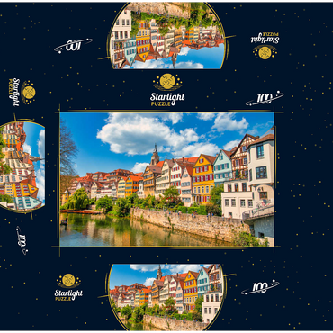 Tübingen in Stuttgart, Germany Colored house on the river bank and blue sky. Beautiful old city in Europe. People sitting on the wall. Boats made of wood attached to the dock. 100 Jigsaw Puzzle box 3D Modell