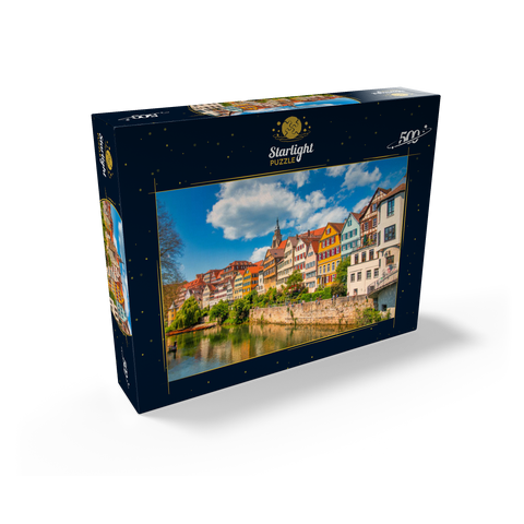 Tübingen in Stuttgart, Germany Colored house on the river bank and blue sky. Beautiful old city in Europe. People sitting on the wall. Boats made of wood attached to the dock. 500 Jigsaw Puzzle box view1