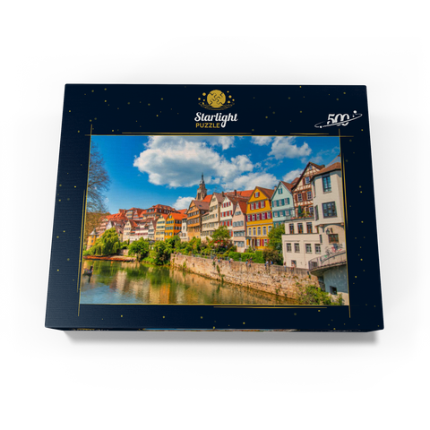 Tübingen in Stuttgart, Germany Colored house on the river bank and blue sky. Beautiful old city in Europe. People sitting on the wall. Boats made of wood attached to the dock. 500 Jigsaw Puzzle box view1