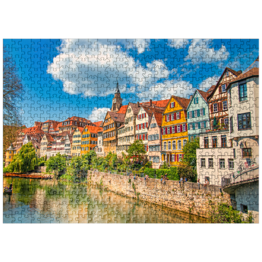 puzzleplate Tübingen in Stuttgart, Germany Colored house on the river bank and blue sky. Beautiful old city in Europe. People sitting on the wall. Boats made of wood attached to the dock. 500 Jigsaw Puzzle