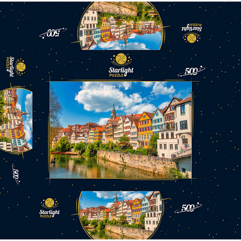 Tübingen in Stuttgart, Germany Colored house on the river bank and blue sky. Beautiful old city in Europe. People sitting on the wall. Boats made of wood attached to the dock. 500 Jigsaw Puzzle box 3D Modell