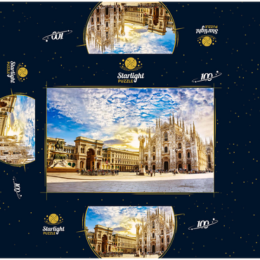 Duomo di Milano Cathedral and Vittorio Emanuele Gallery in Piazza Duomo square on sunny morning, Milan, Italy. 100 Jigsaw Puzzle box 3D Modell