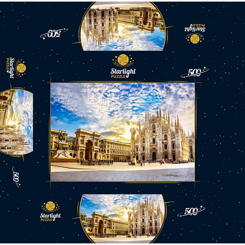 Duomo di Milano Cathedral and Vittorio Emanuele Gallery in Piazza Duomo square on sunny morning, Milan, Italy. 500 Jigsaw Puzzle box 3D Modell