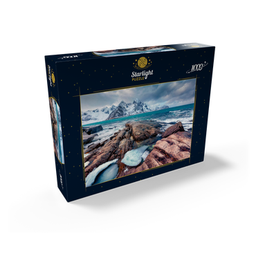 Gloomy spring view of Lofoten islands. snow melting on Flakstadpollen fjord. spectacular morning season of Norwegian sea. beauty of nature concept background. 1000 Jigsaw Puzzle box view1