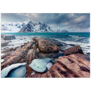 puzzleplate Gloomy spring view of Lofoten islands. snow melting on Flakstadpollen fjord. spectacular morning season of Norwegian sea. beauty of nature concept background. 1000 Jigsaw Puzzle