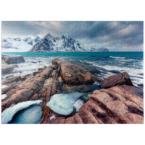 puzzleplate Gloomy spring view of Lofoten islands. snow melting on Flakstadpollen fjord. spectacular morning season of Norwegian sea. beauty of nature concept background. 1000 Jigsaw Puzzle